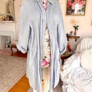 100% Linen Italy Light Blue Button-Up Long Shirt with Pockets Large